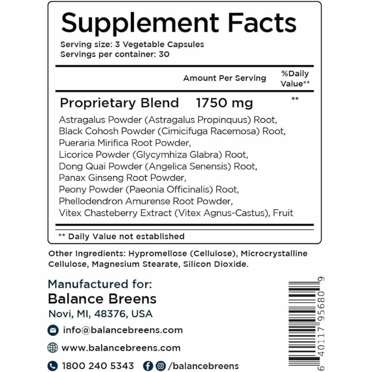 Balance Breens Suplemento Para Alivio Del Vértigo 1750 mg - 90 Cápsulas Vegetales - Tabla Nutricional - Haz Tu Pedido