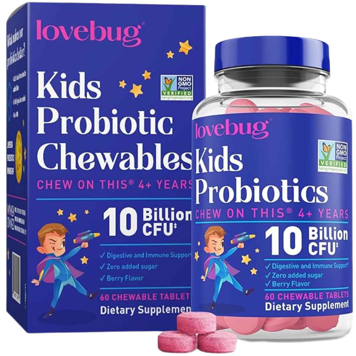 Lovebug Probiotics Probiótico Para Niños 10 Mil Millones CFU - 60 Tabletas Masticable - Haz Tu Pedido