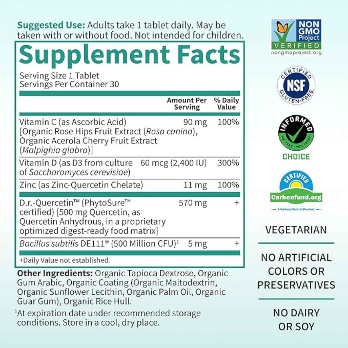 Garden of Life Apoyo Inmunológico 500 mg - 30 Tabletas Vegetarianas - Tabla Nutricional - Haz Tu Pedido