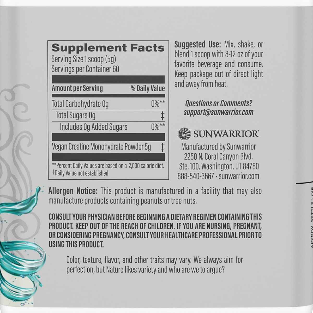 Sunwarrior Creatina Activa - Sabor Sin Sabor - 300 g - Tabla Nutricional - Haz Tu Pedido