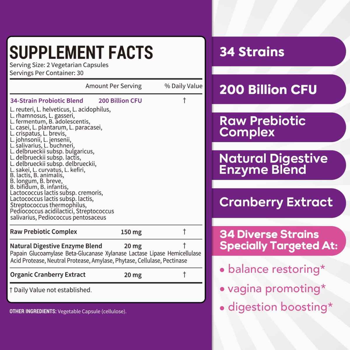 Surebounty Probiótico Equilibrio Femenino Completo 200 Mil Millones CFU - 60 Cápsulas Vegetales - Tabla Nutricional - Haz Tu Pedido