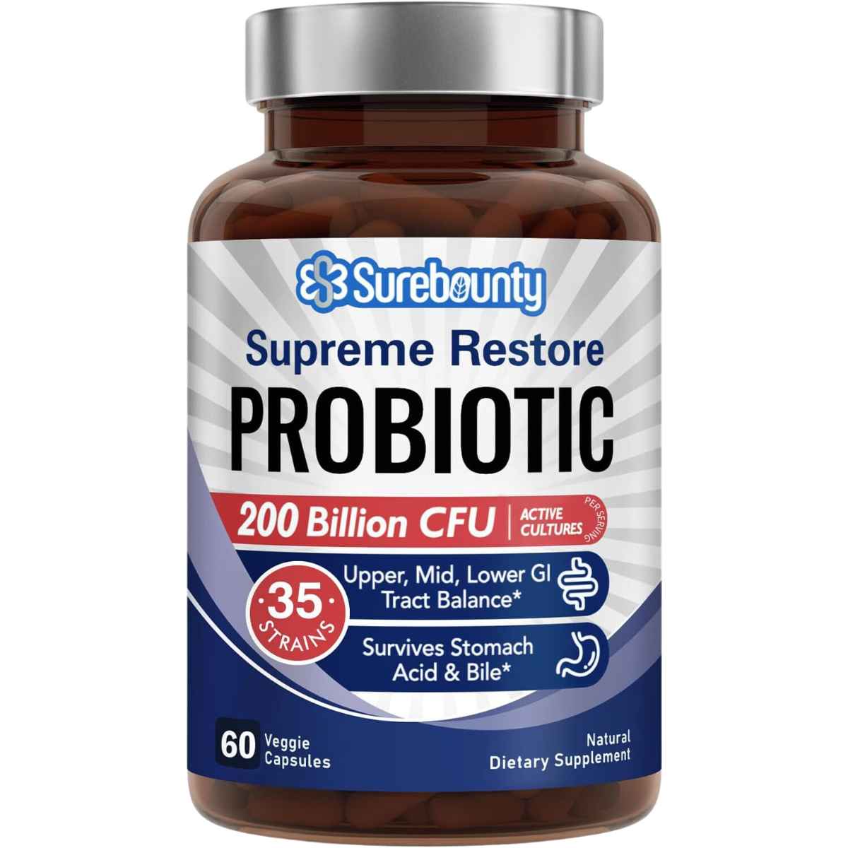 Surebounty Probiótico Restauración Completa y Avanzada 200 Mil Millones CFU - 60 Cápsulas Vegetales - Haz Tu Pedido