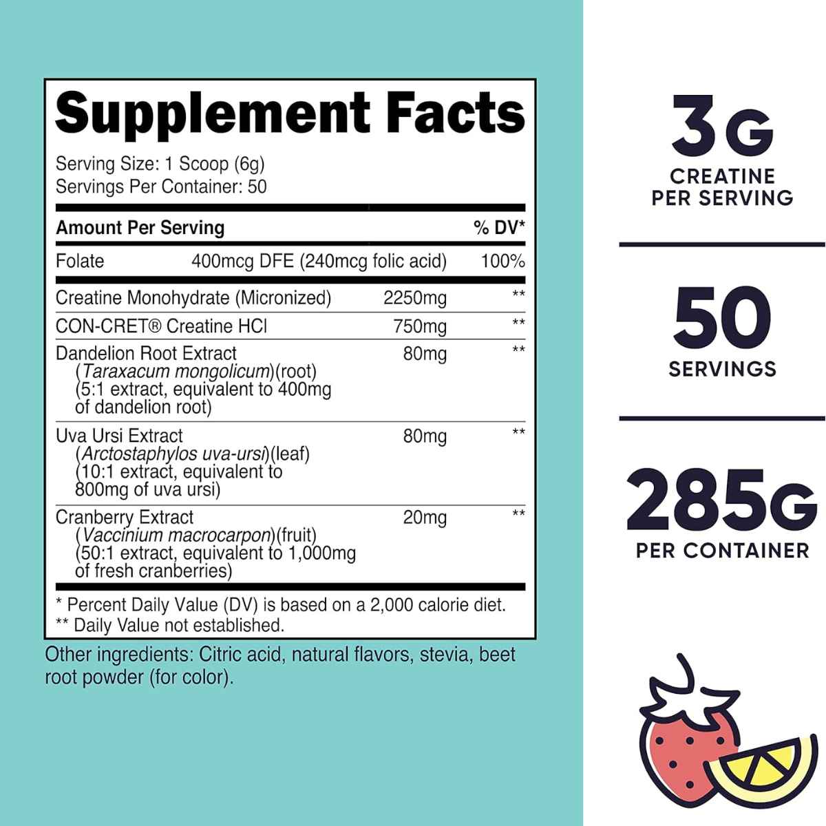 Nutricost Creatina para Mujer 3 g - Sabor Limonada de fresa - 285 g - Tabla Nutricional - Haz Tu Pedido
