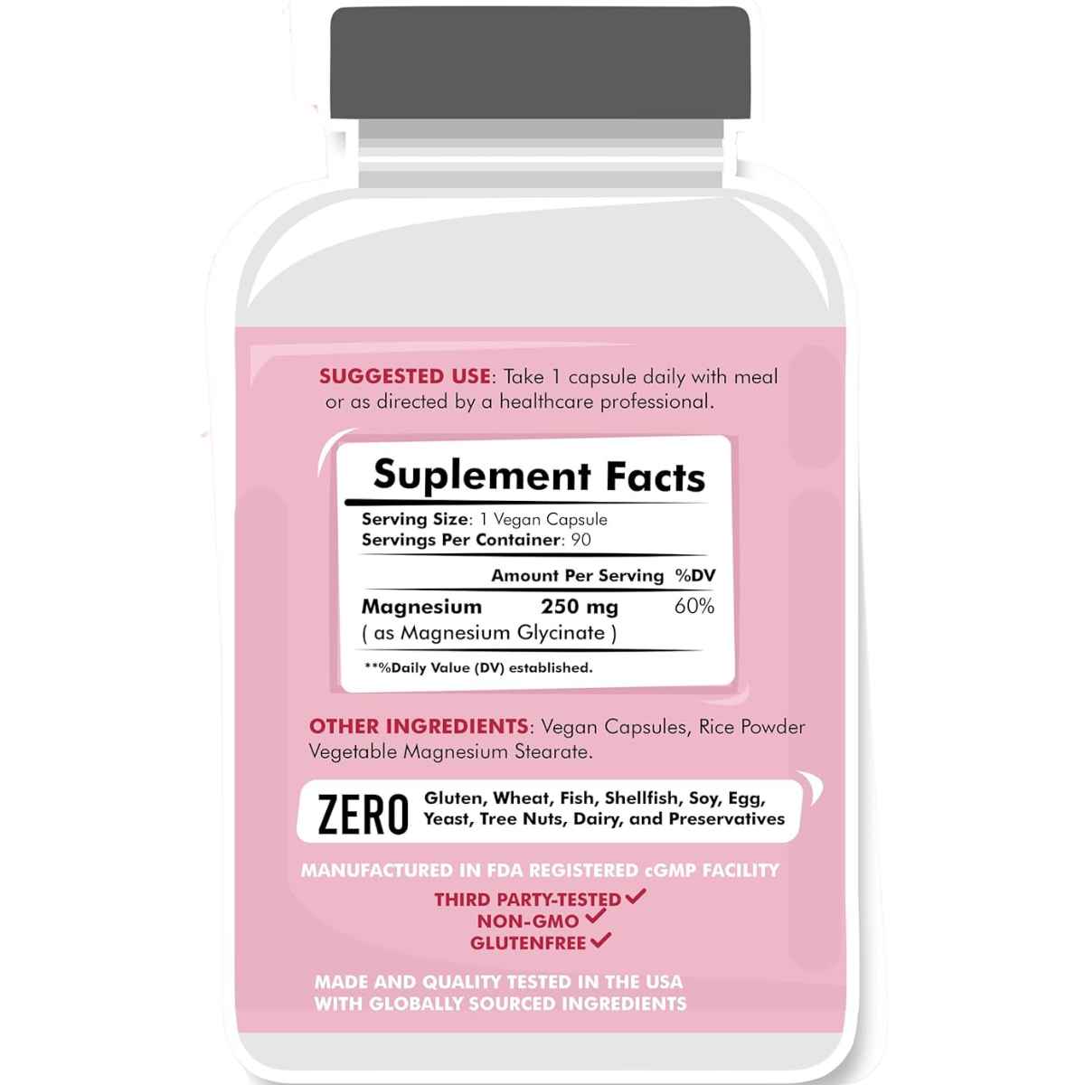 American Standard Supplements Glicinato De Magnesio 250 mg - 90 Cápsulas Veganas - Tabla Nutricional - Haz Tu Pedido