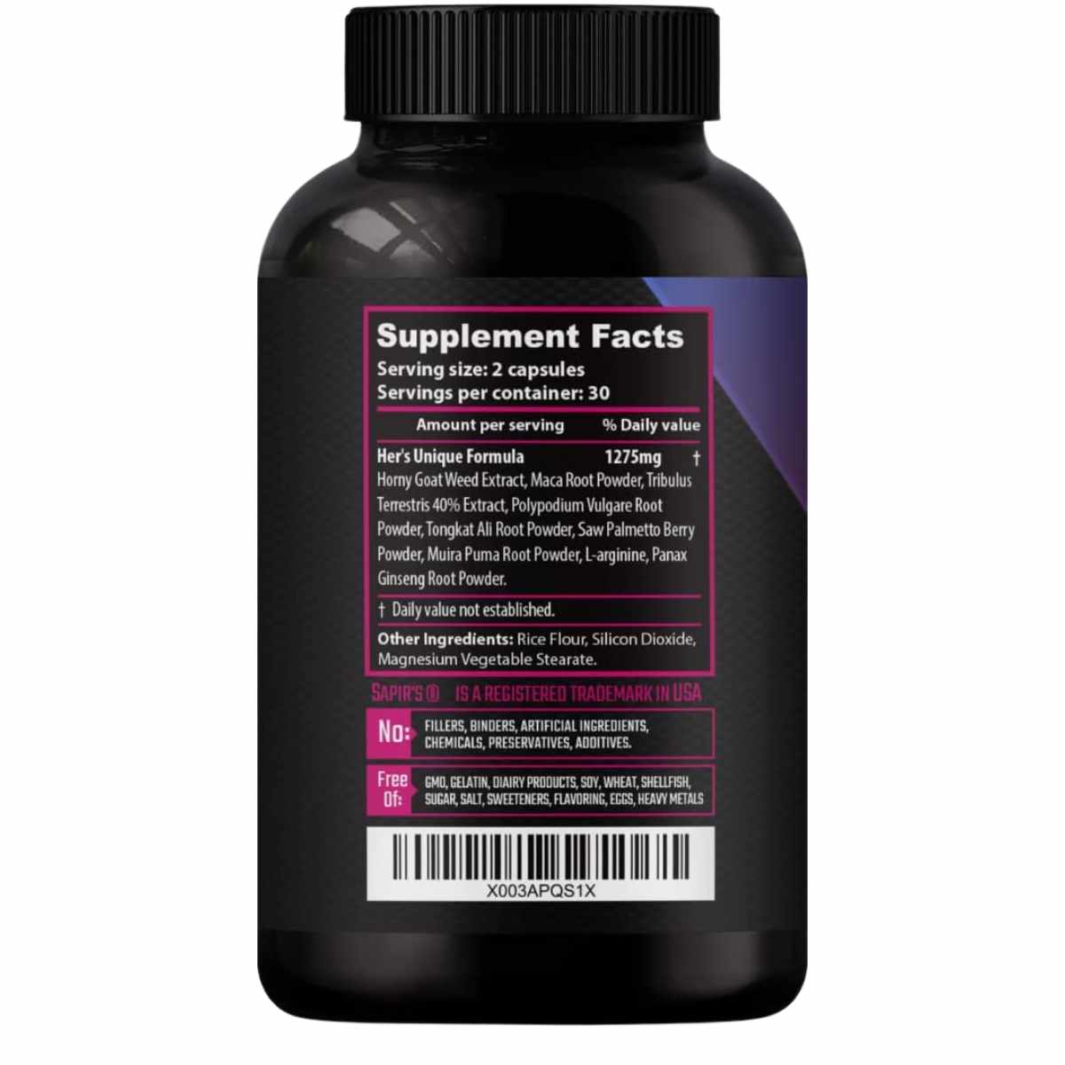 Sapir's Nutrition Potenciador de libido femenino 60 capsulas vegetales - Tabla Nutricional - Haz Tu Pedido