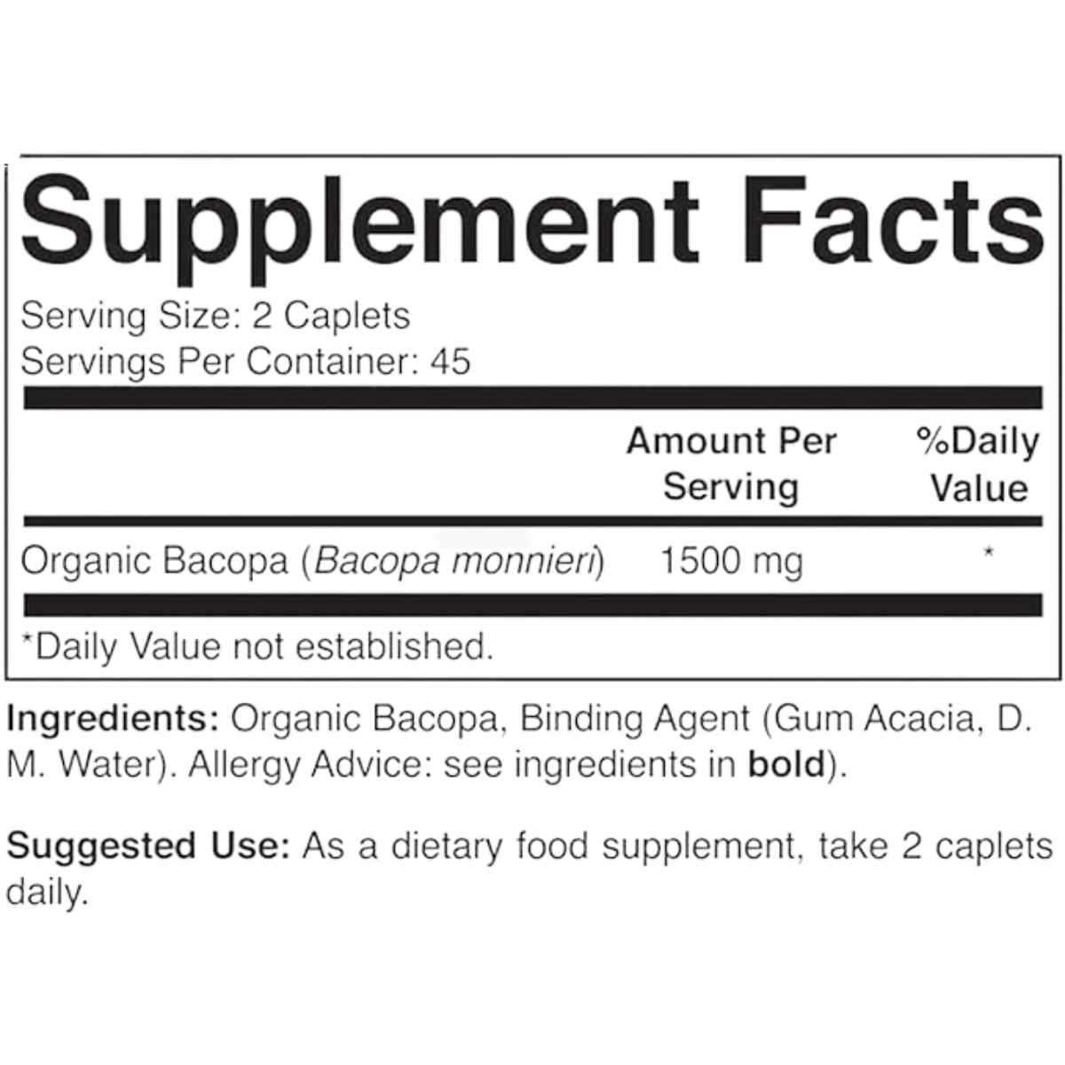 Brieofood Bacopa Orgánica 1500 mg - 90 Tabletas Vegetarianas - Tabla Nutricional - Haz Tu Pedido