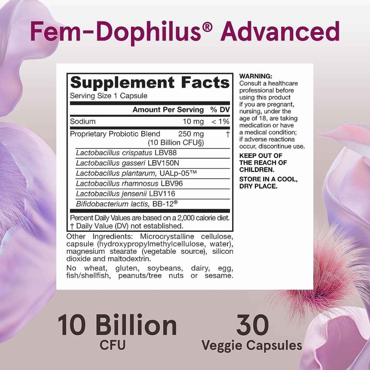 Jarrow Formulas Fem-Dophilus® Probióticos Avanzados 10 Mil Millones CFU - 30 Cápsulas Vegetales - Tabla Nutricional - Haz Tu Pedido