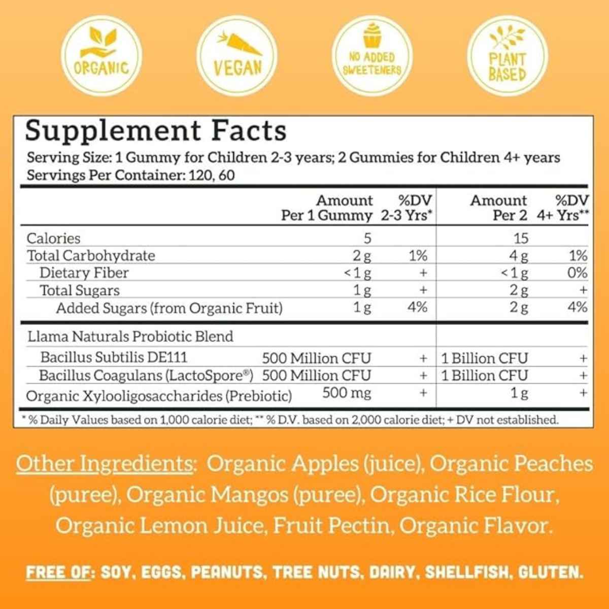 Llama Naturals Prebiótico y Probiótico Para Niños - Sabor Melocotón Mango - 120 Gomitas - Tabla Nutricional - Haz Tu Pedido