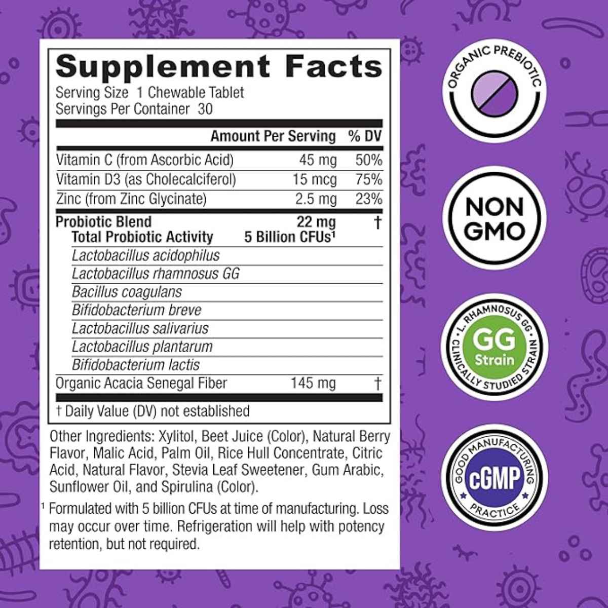 Physicians Choice Probióticos Para Niños 5 Mil Millones CFU - Sabor Very Berry - 30 Tabletas Masticable - Tabla Nutricional - Haz Tu Pedido