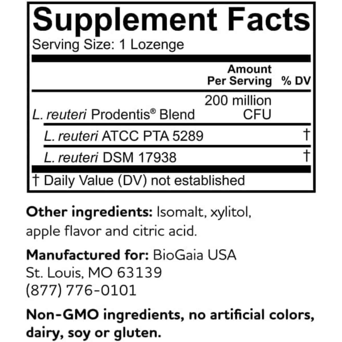 BioGaia Prodentis Probiótico - Sabor Manzana - 30 Pastillas - Tabla Nutricional - Haz Tu Pedido