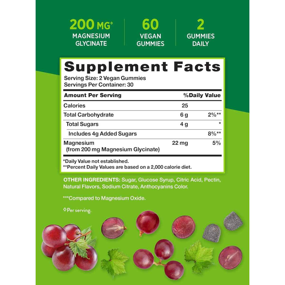 Natures Truth Glicinato de Magnesio 200 mg - Sabor Uva - 60 Gomitas - Tabla Nutricional - Haz Tu Pedido