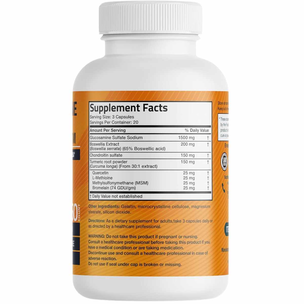 Bronson Glucosamina Condroitina Cúrcuma y MSM - 60 Cápsulas - Tabla Nutricional - Haz Tu Pedido