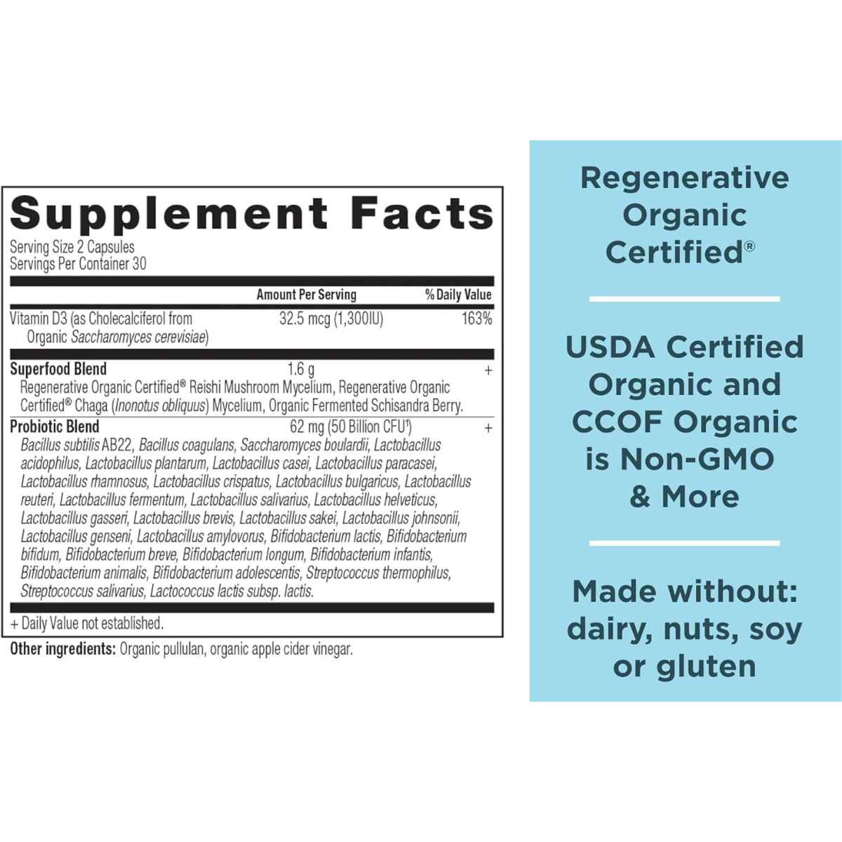 Ancient Nutrition Probióticos de Alta Potencia para Mujeres con Certificación Orgánica Regenerativa - 60 Cápsulas - Tabla Nutricional - Haz Tu Pedido