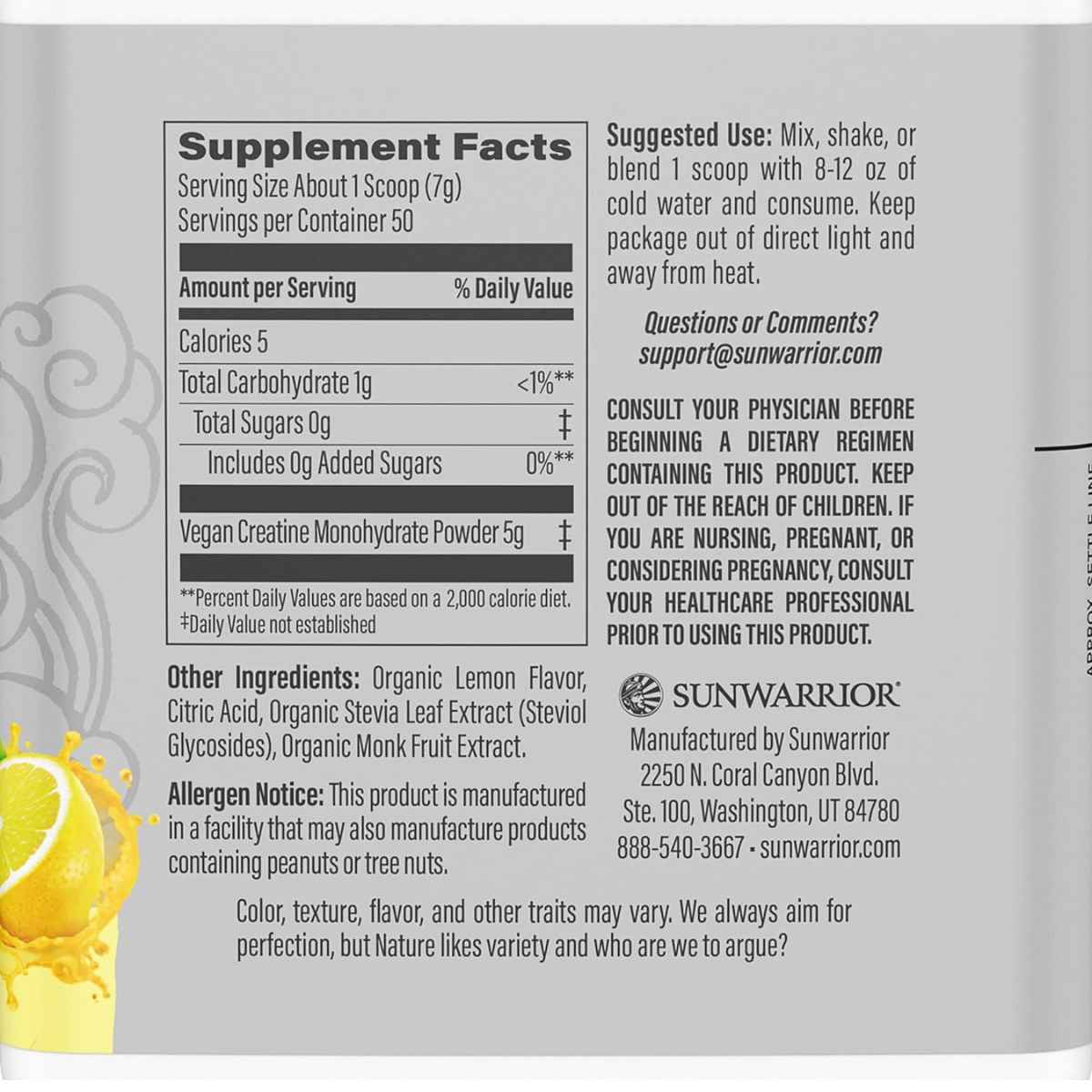 Sunwarrior Creatina Activa - Sabor Limonada - 350 g - Tabla Nutricional - Haz Tu Pedido