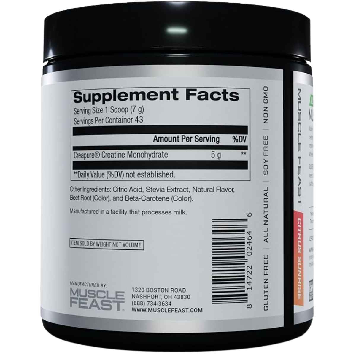 Muscle Feast Monohidrato de creatina premium - Sabor Amanecer cítrico - 300 g - Tabla Nutricional - Haz Tu Pedido