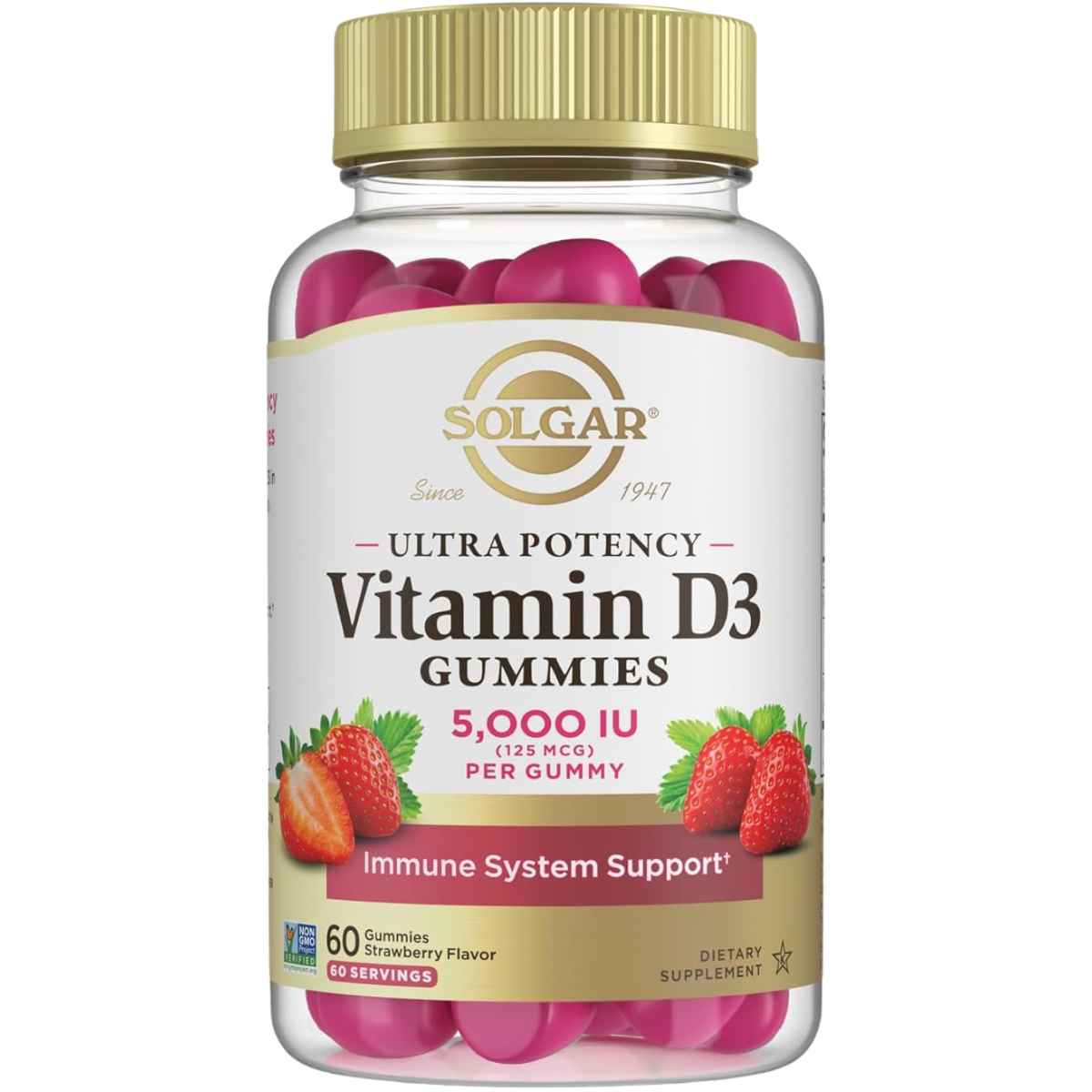 Solgar Vitamina D3 5000 IU - Sabor Fresa - 60 Gomitas - Haz Tu Pedido