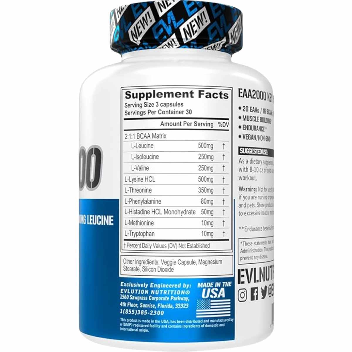 Evlution Nutrition EAA2000 - 90 Cápsulas Vegetales - Tabla Nutricional - Haz Tu Pedido
