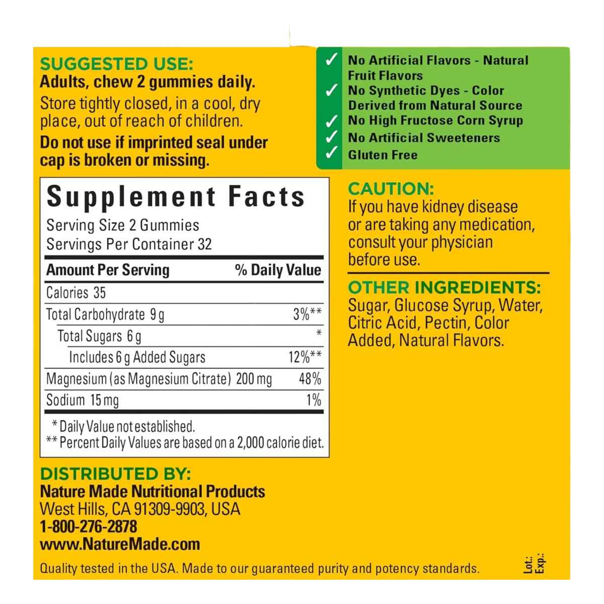 Nature Made Citrato de Magnesio 200 mg - Sabor Mezcla de Bayas - 64 Gomitas - Tabla Nutricional - Haz Tu Pedido