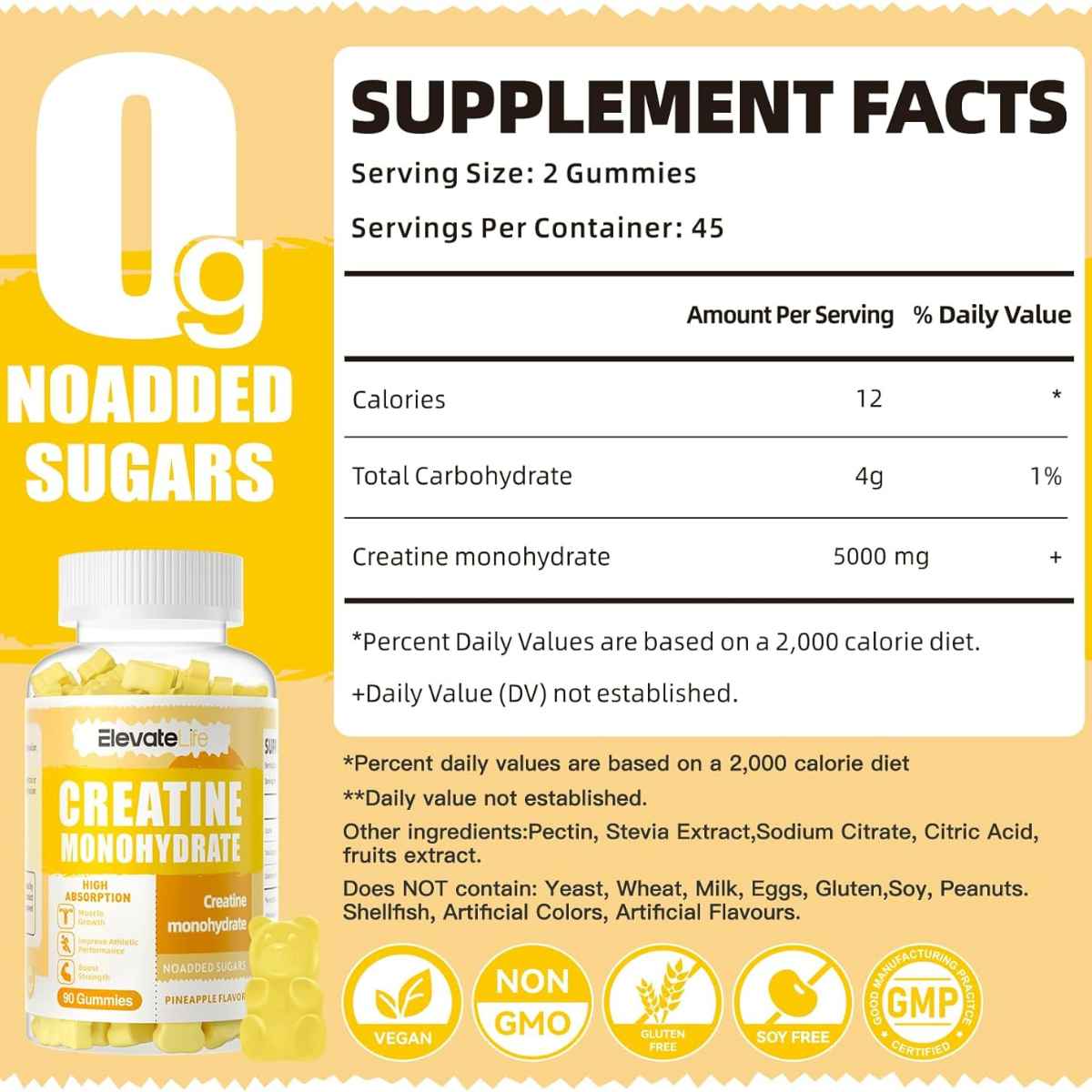 Elevate Life monohidrato de Creatina - Sabor Piña - 90 Gomitas - Tabla Nutricional - Haz Tu Pedido