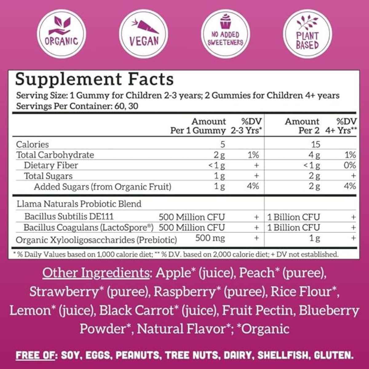 Llama Naturals Prebiótico y Probiótico Para Niños - Sabor Mezcla bayas - 60 Gomitas - Tabla Nutricional - Haz Tu Pedido