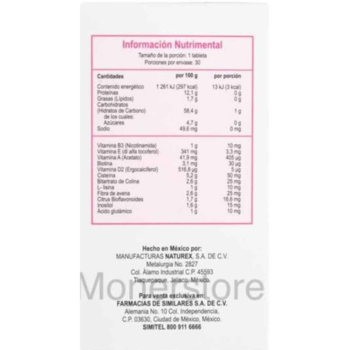 Generic Suplemento para Cabello y Uñas - 30 Tabletas - Tabla Nutricional - Haz Tu Pedido