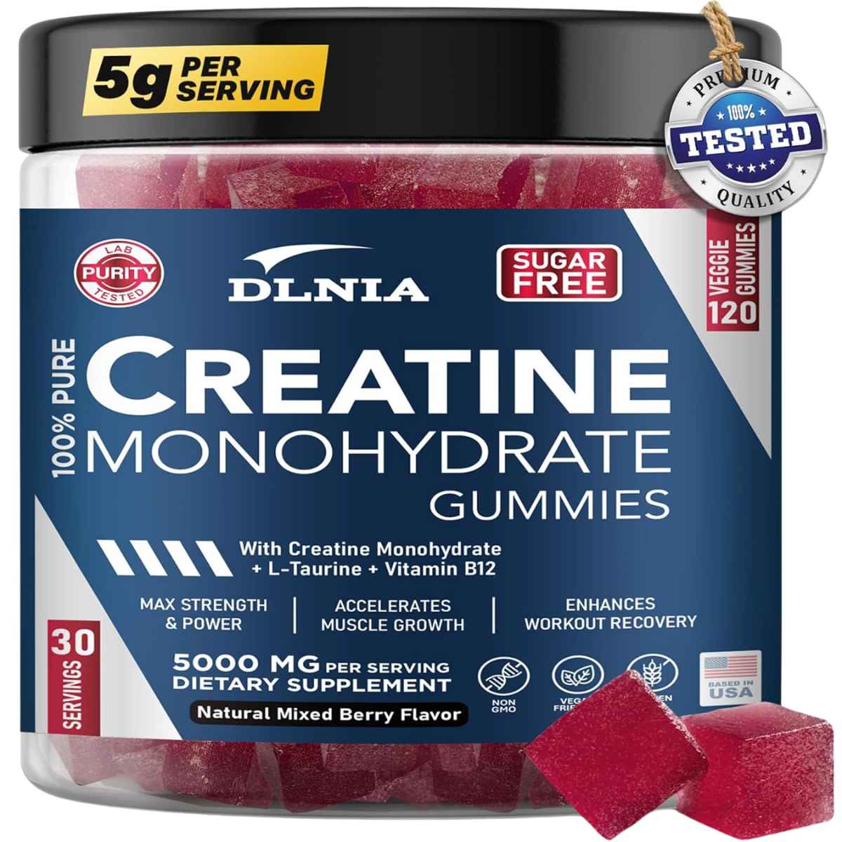 DLNIA monohidrato de Creatina 5000 mg - Sabor Mezcla de Bayas - 120 Gomitas - Haz Tu Pedido