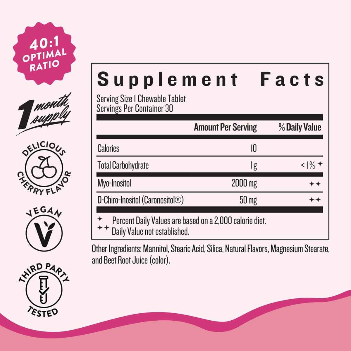Legendairy Milk Inositol Myo y D-Chiro - Sabor Cereza - 30 Tabletas Masticables Veganas - Tabla Nutricional - Haz Tu Pedido