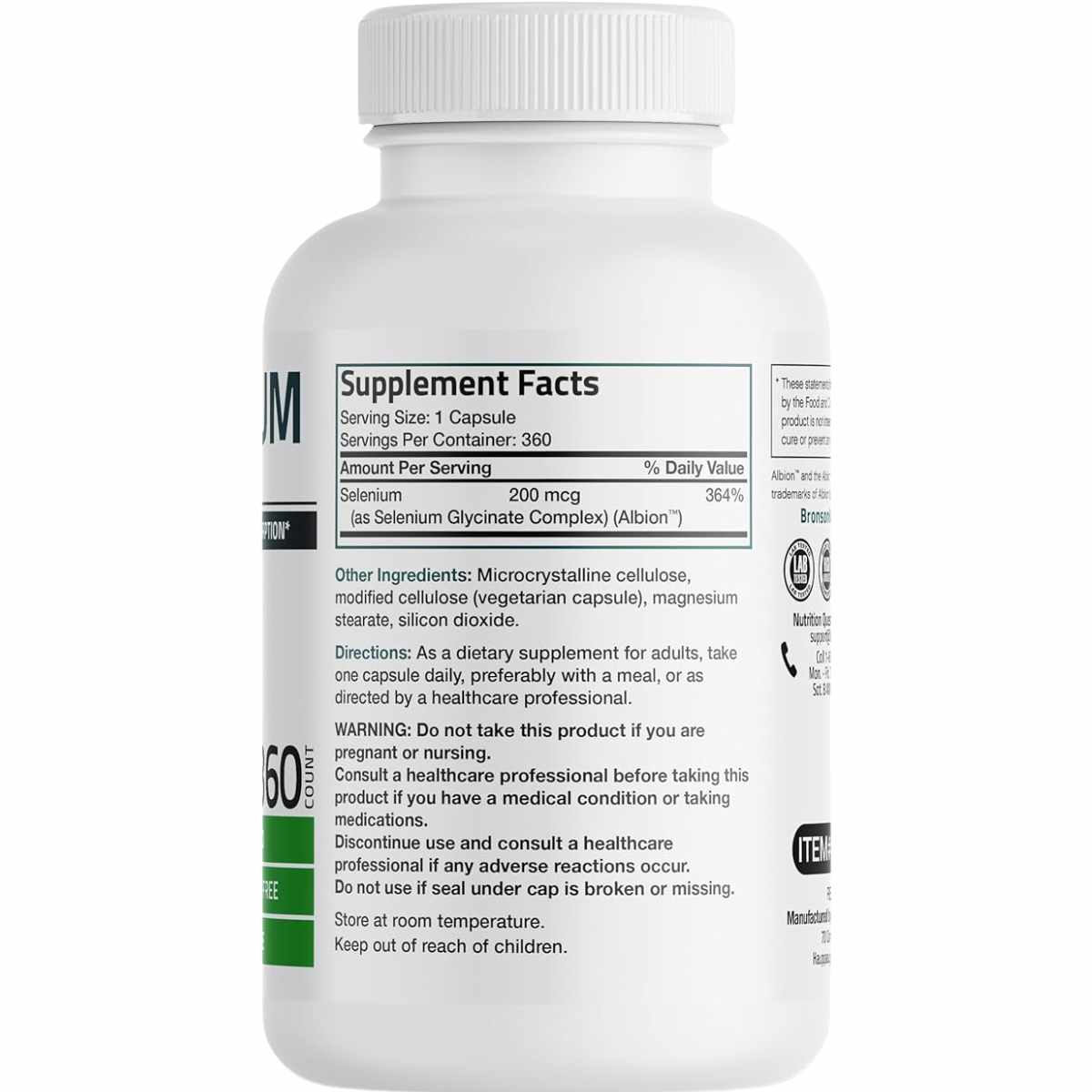 Bronson Selenio 200 mcg - 360 Cápsulas Vegetarianas - Tabla Nutricional - Haz Tu Pedido