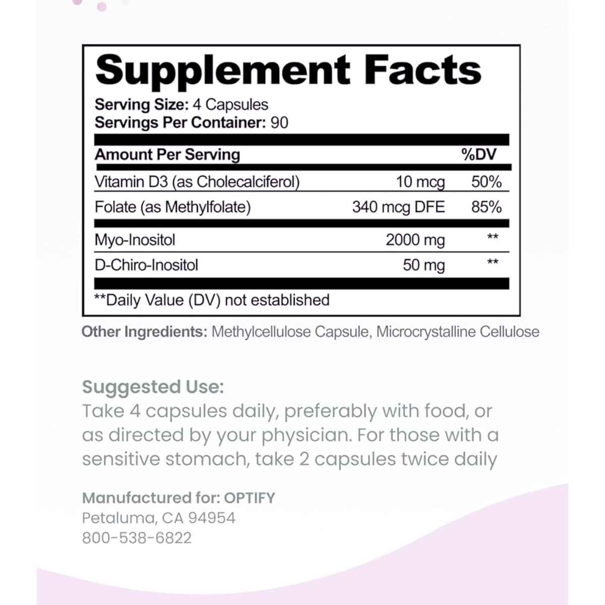 Optify Myo y D-Chiro Inositol con Folato y Vitamina D - 360 Cápsulas Vegetarianas - Tabla Nutricional - Haz Tu Pedido