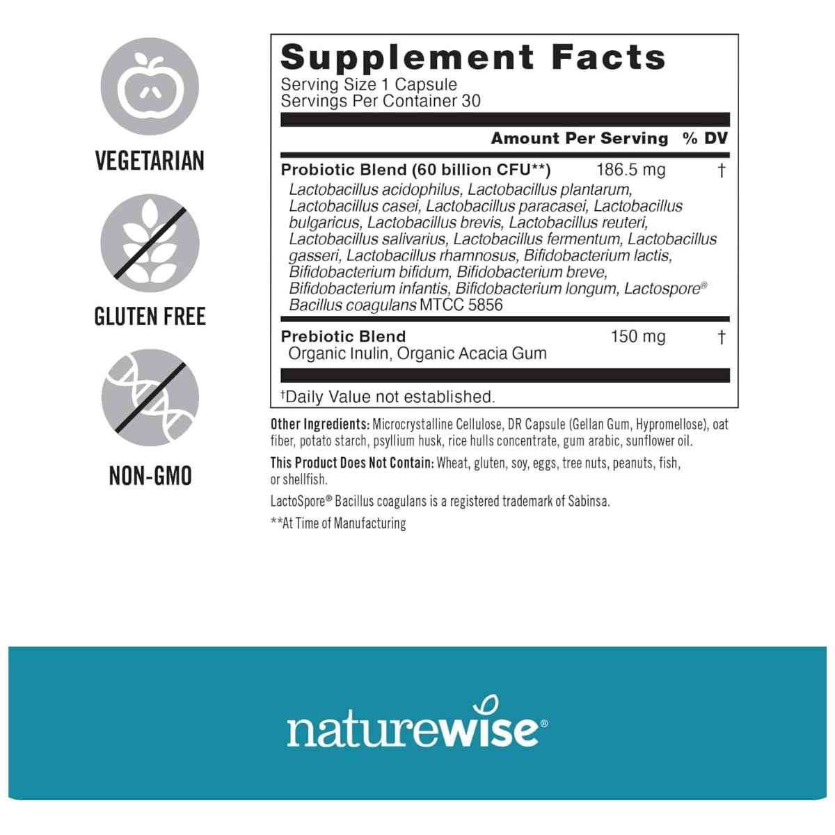 NatureWise Probioticos 60 Mil Millones CFU - 30 Cápsulas - Tabla Nutricional - Haz Tu Pedido