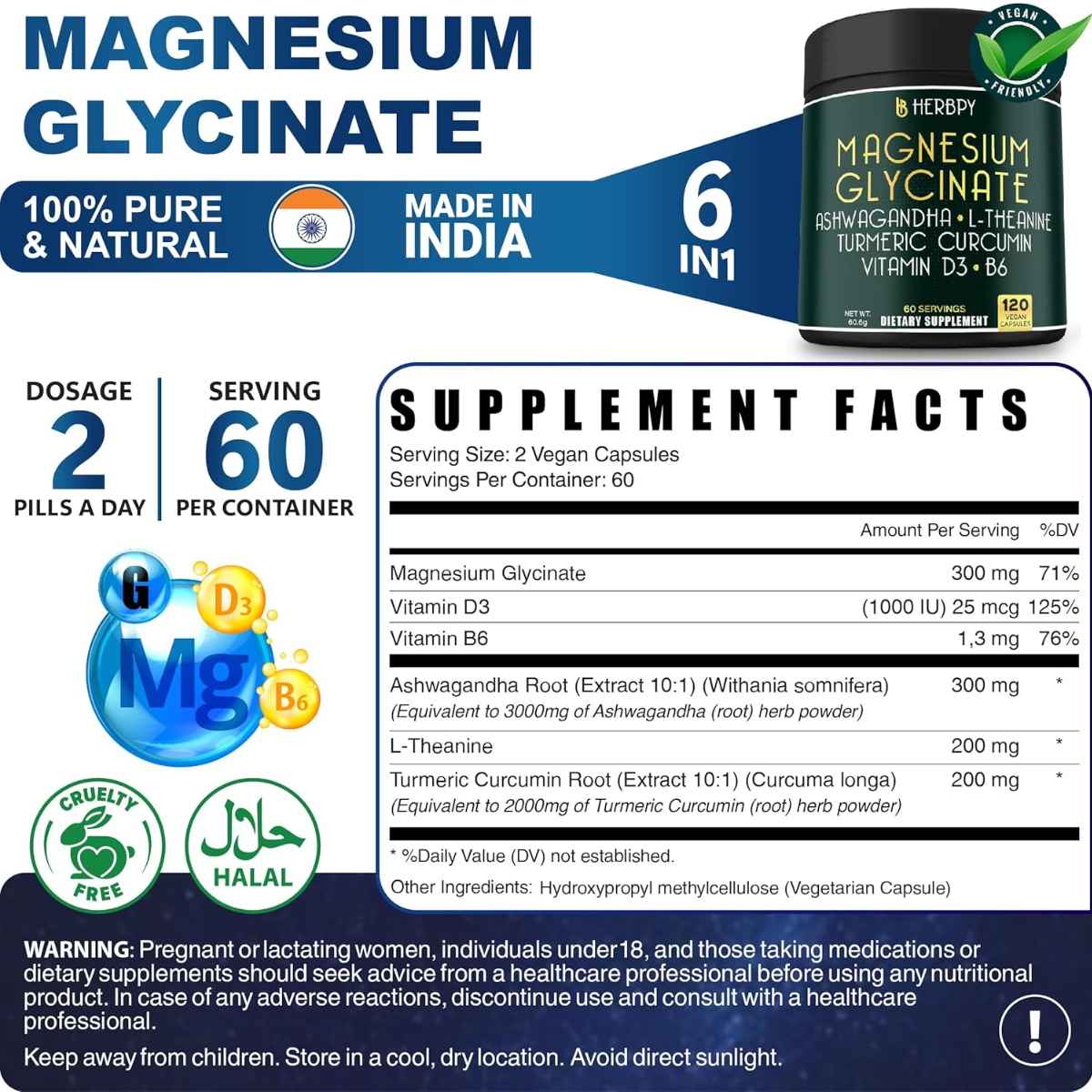 Herbpy Complejo de Magnesio L-Teanina y Ashwagandha - 120 Cápsulas - Tabla Nutricional