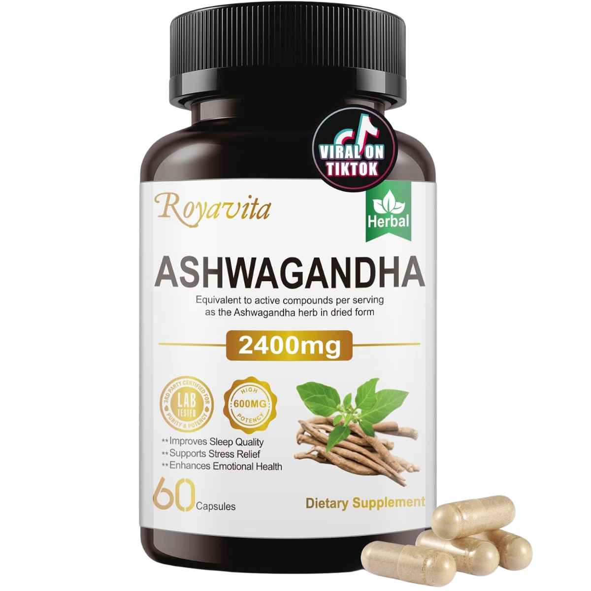 Royavita - Ashwagandha en Polvo de Raíz (2400 mg - 60 Cápsulas)