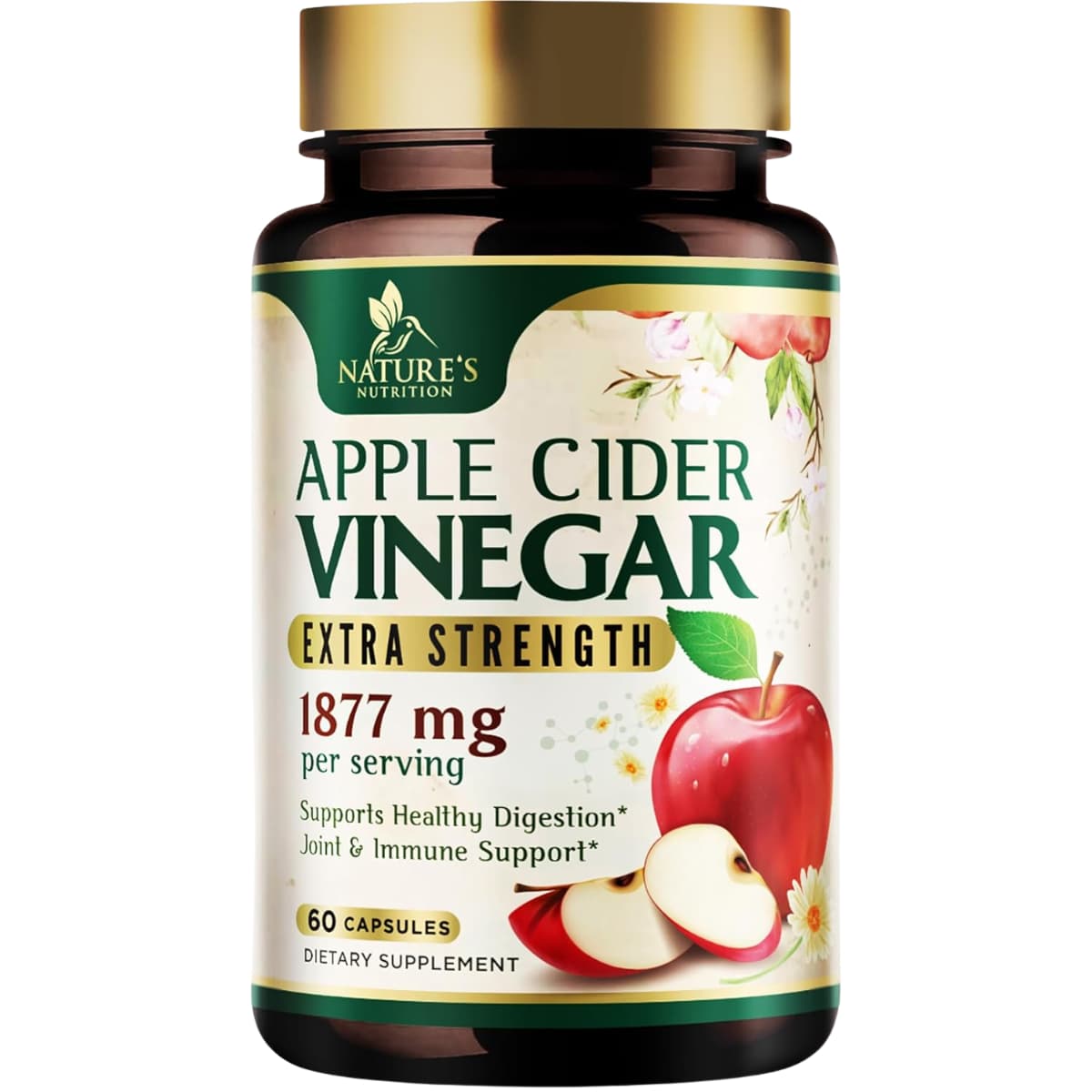 Frasco de suplemento Nature's Nutrition Vinagre de Sidra de Manzana 1877 mg 60 cápsulas