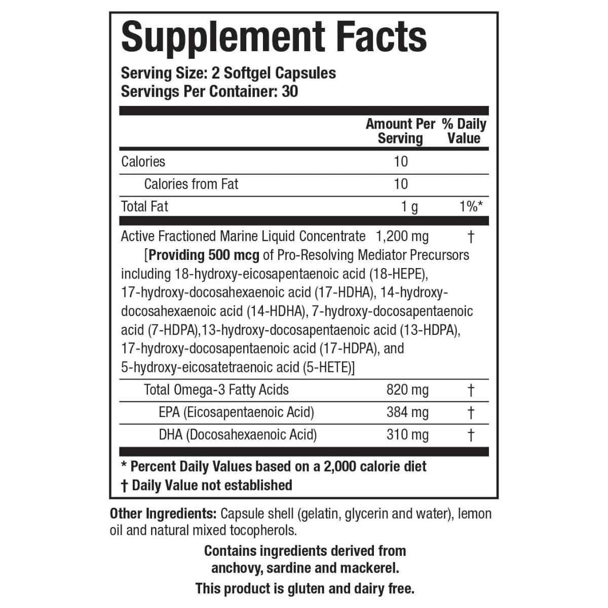 Información del suplemento de Biotics Research Biomega-SPM con omega 3, EPA y DHA.