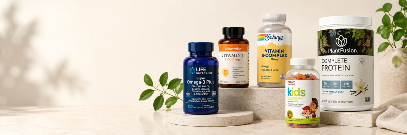 Selección de suplementos importados como omega 3, complejo B, vitamina C, proteína y gummies para niños en HazTuPedido.com