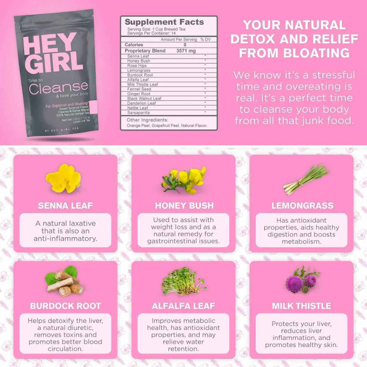 Hey Girl - Té de Hierbas Detox - 50 g - 14 Servicios - Tabla Nutricional - Haz Tu Pedido