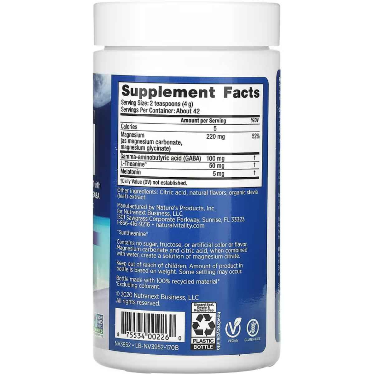 Natural Vitality Magnesio Para Dormir - Sabor Mezcla de Bayas - 170 g - Tabla Nutricional - Haz Tu Pedido