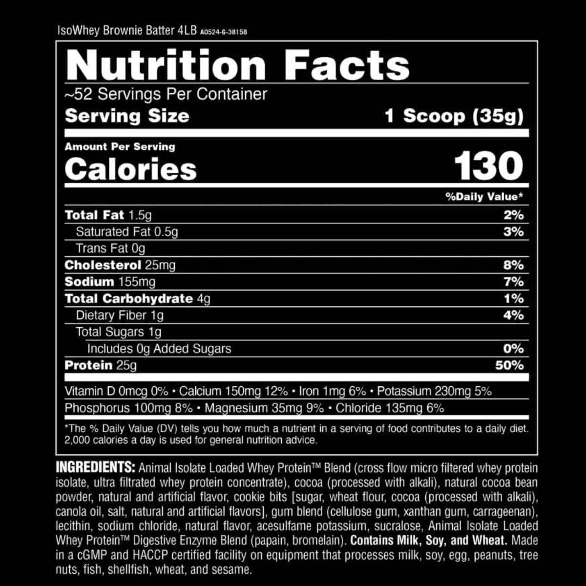 Animal Proteína de Suero de Leche Aislada 25 g - Sabor Masa De Brownie - 4 polvo - Tabla Nutricional - Haz Tu Pedido