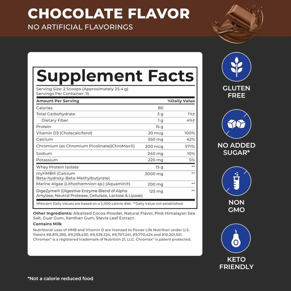 Power Life Proteína de suero de leche - Sabor Chocolate - 380 g - Tabla Nutricional - Haz Tu Pedido