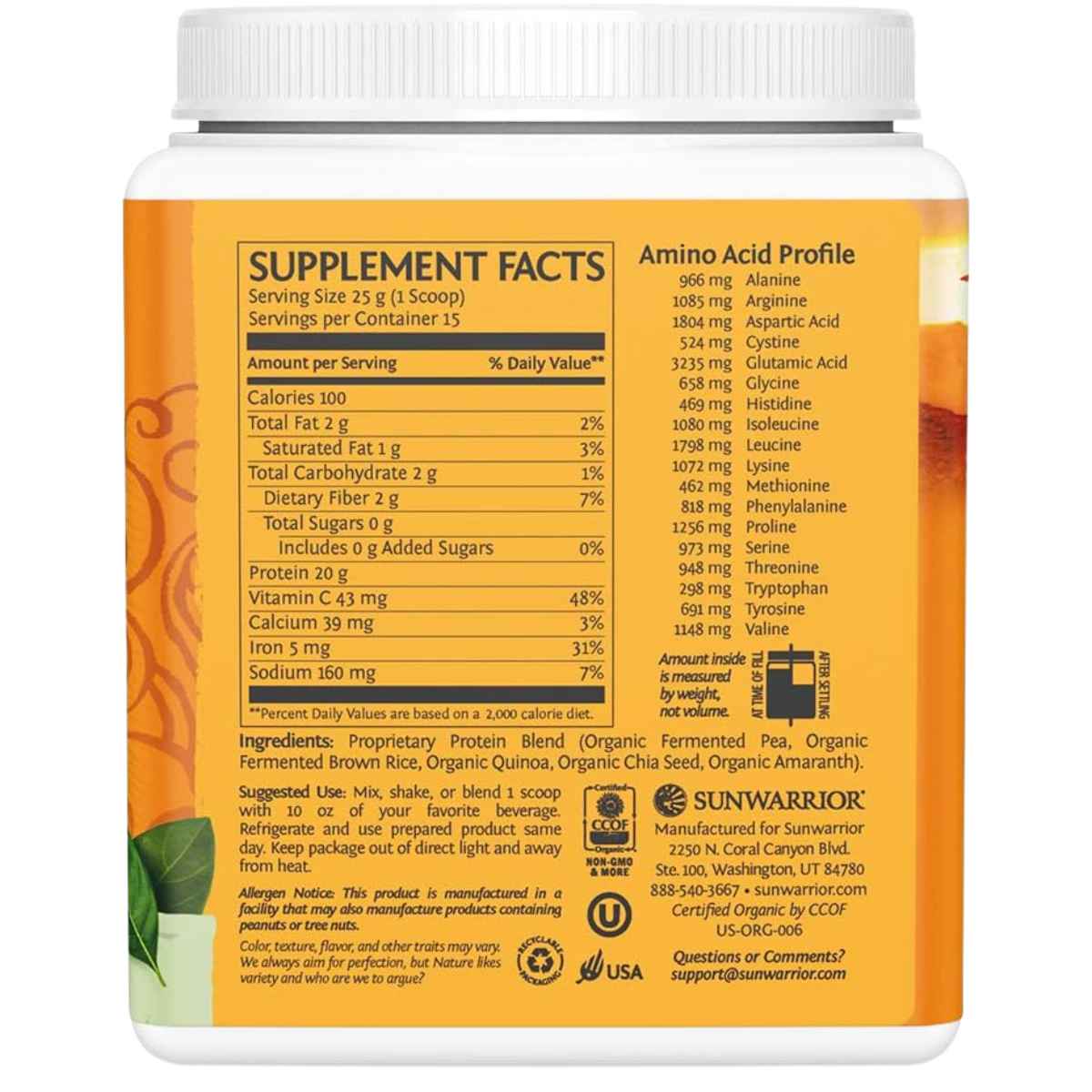 Sunwarrior Proteína Vegana Clásica Plus 20 g - Sabor Sin Sabor - 375 g - Tabla Nutricional - Haz Tu Pedido