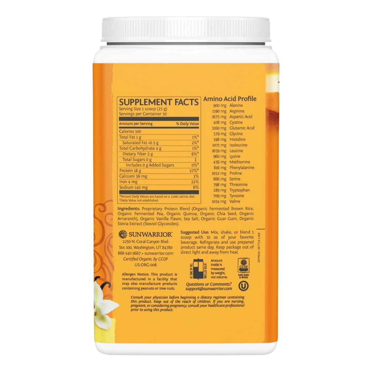 Sunwarrior Proteína Vegana Clásica Plus 18 g - Sabor Vainilla - 750 g - Tabla Nutricional - Haz Tu Pedido