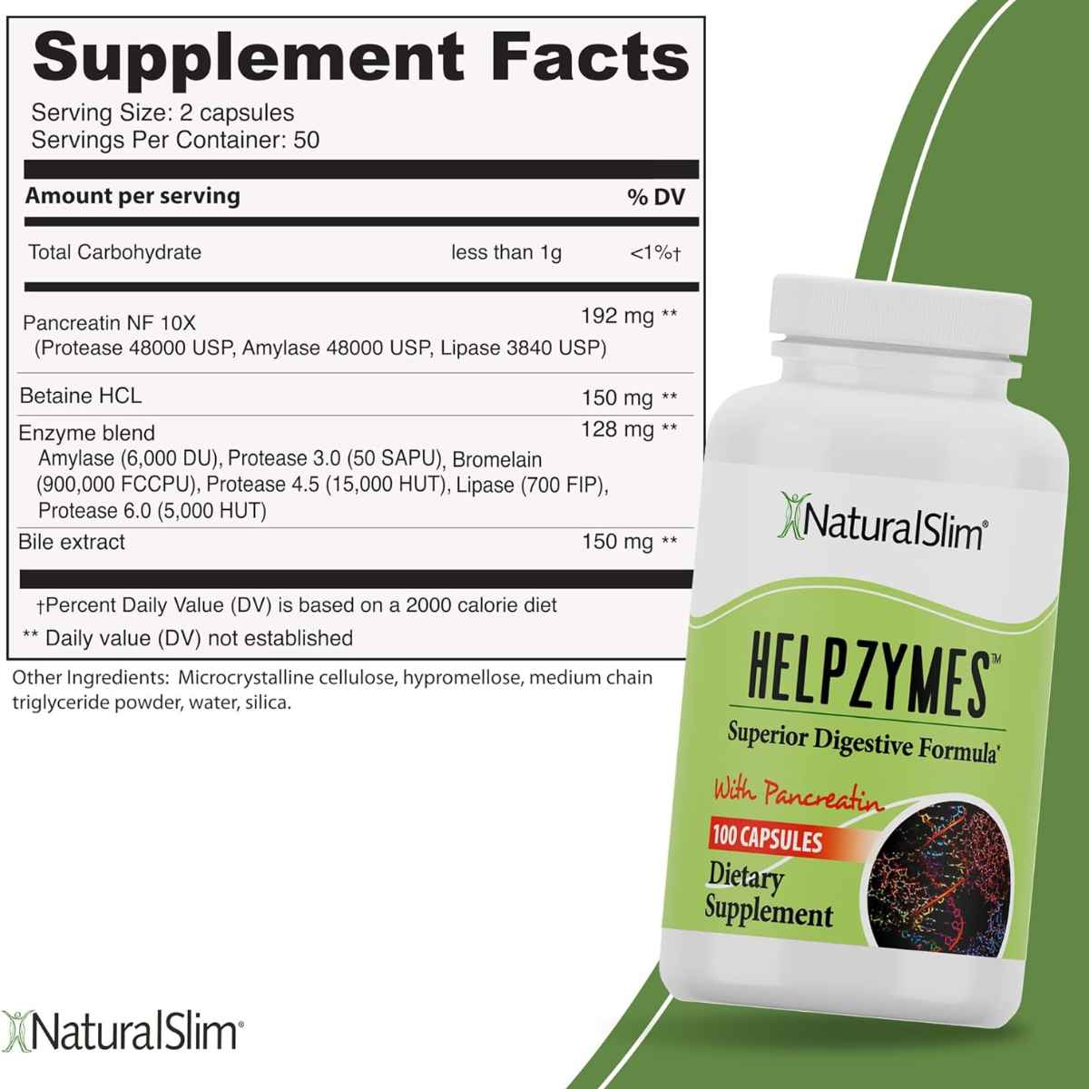 NaturalSlim Helpzymes® Enzimas Digestivas - 100 Cápsulas - Tabla Nutricional - Haz Tu Pedido