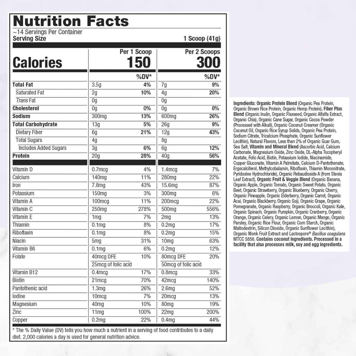 Purely Inspired Proteína Orgánica Todo en Uno 20 g - Sabor Chocolate decadente - 590 polvo - Tabla Nutricional - Haz Tu Pedido