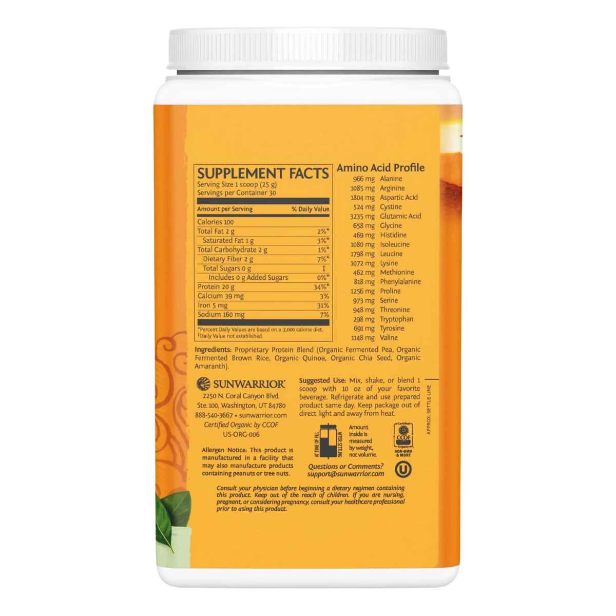 Sunwarrior Proteína Vegana Clásica Plus 20 g - Sabor Sin Sabor - 750 g - Tabla Nutricional - Haz Tu Pedido