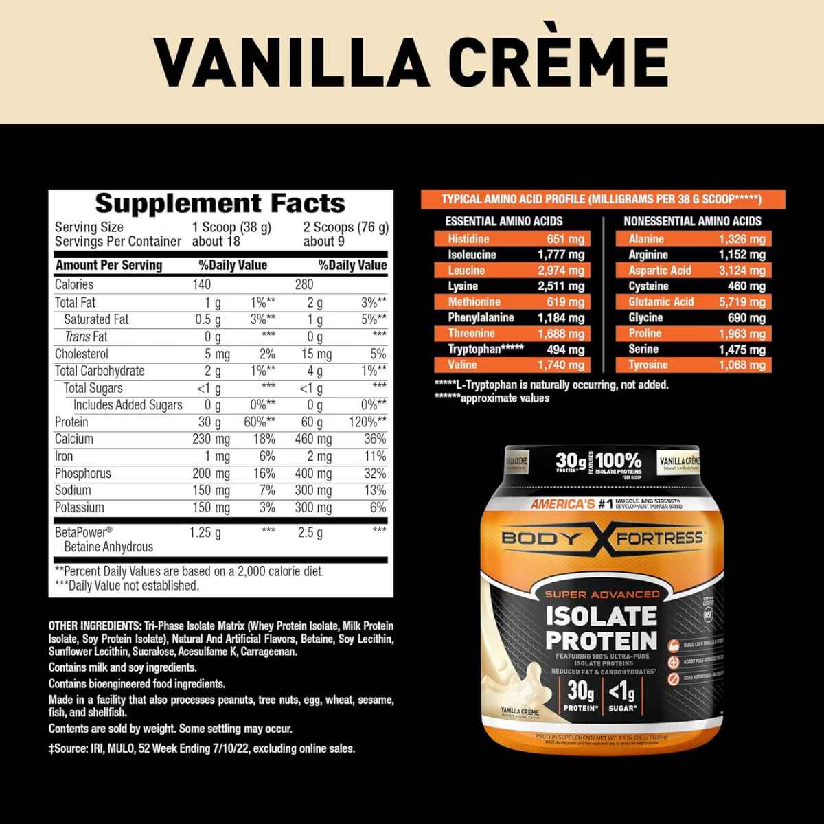 Body Fortress Proteína Aislada 30 g - Sabor Vainilla - 680 g - Tabla Nutricional - Haz Tu Pedido