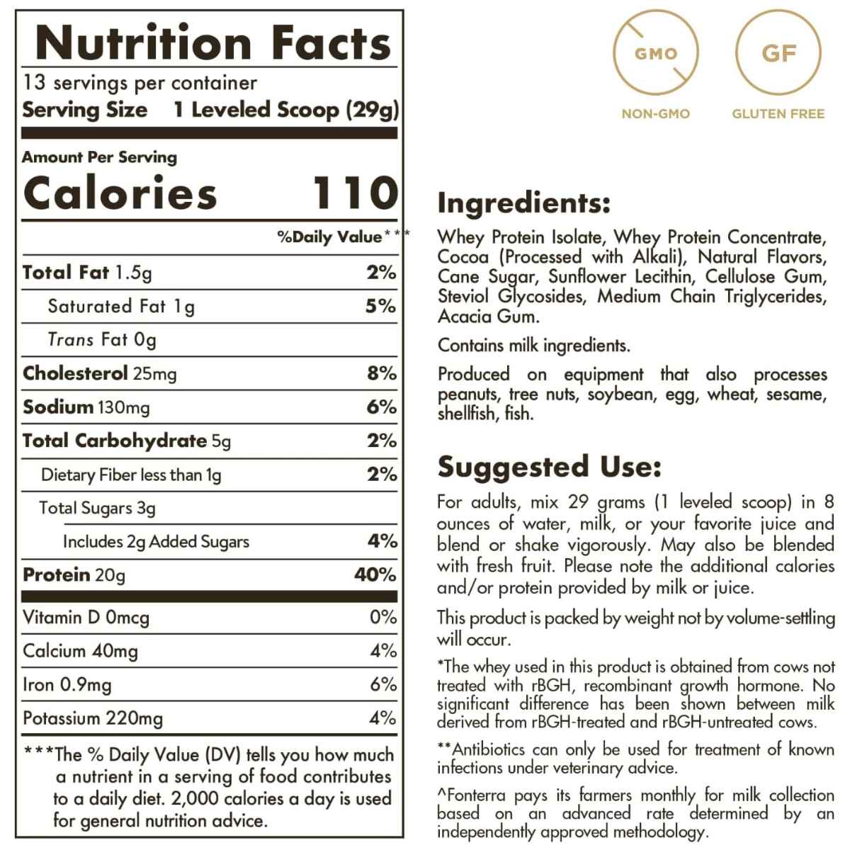 Solgar Proteína de Suero de Leche de Vacas Alimentados con Pasto 20 g - Sabor Chocolate - 377 g - Tabla Nutricional - Haz Tu Pedido