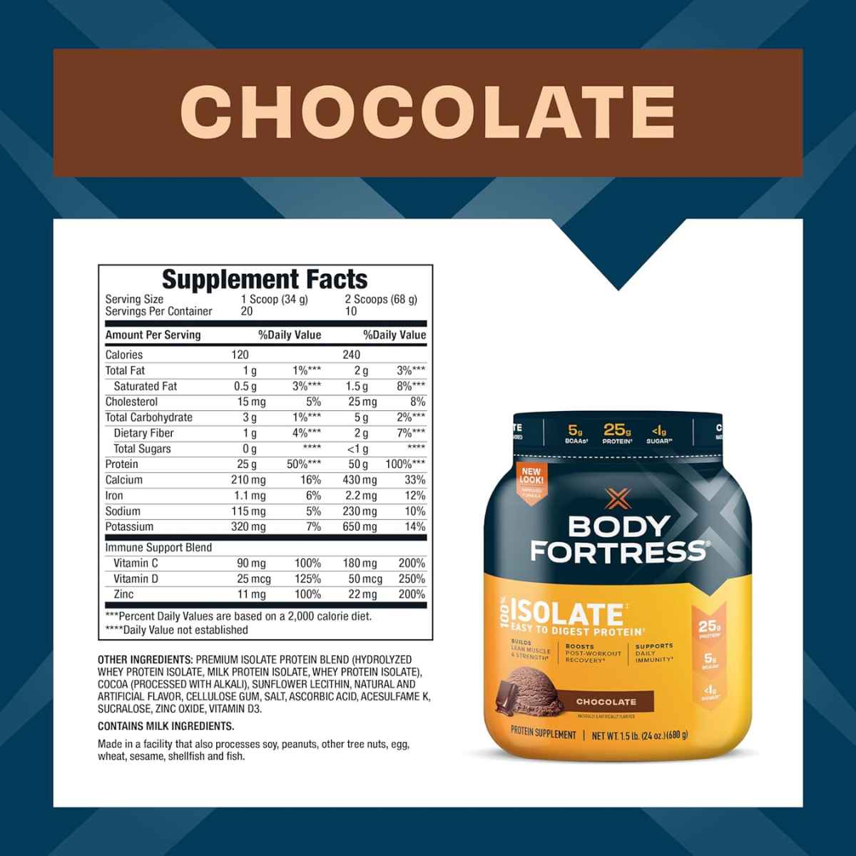Body Fortress Proteína Aislada 25 g - Sabor Chocolate - 680 g - Tabla Nutricional - Haz Tu Pedido