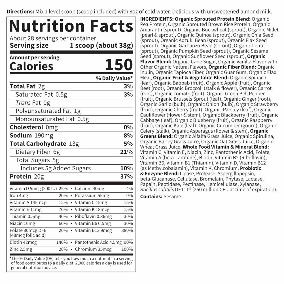 Garden of Life Proteína Orgánica Vegana 20 g - Sabor Ligeramente Dulce - 1064 g - Tabla Nutricional - Haz Tu Pedido