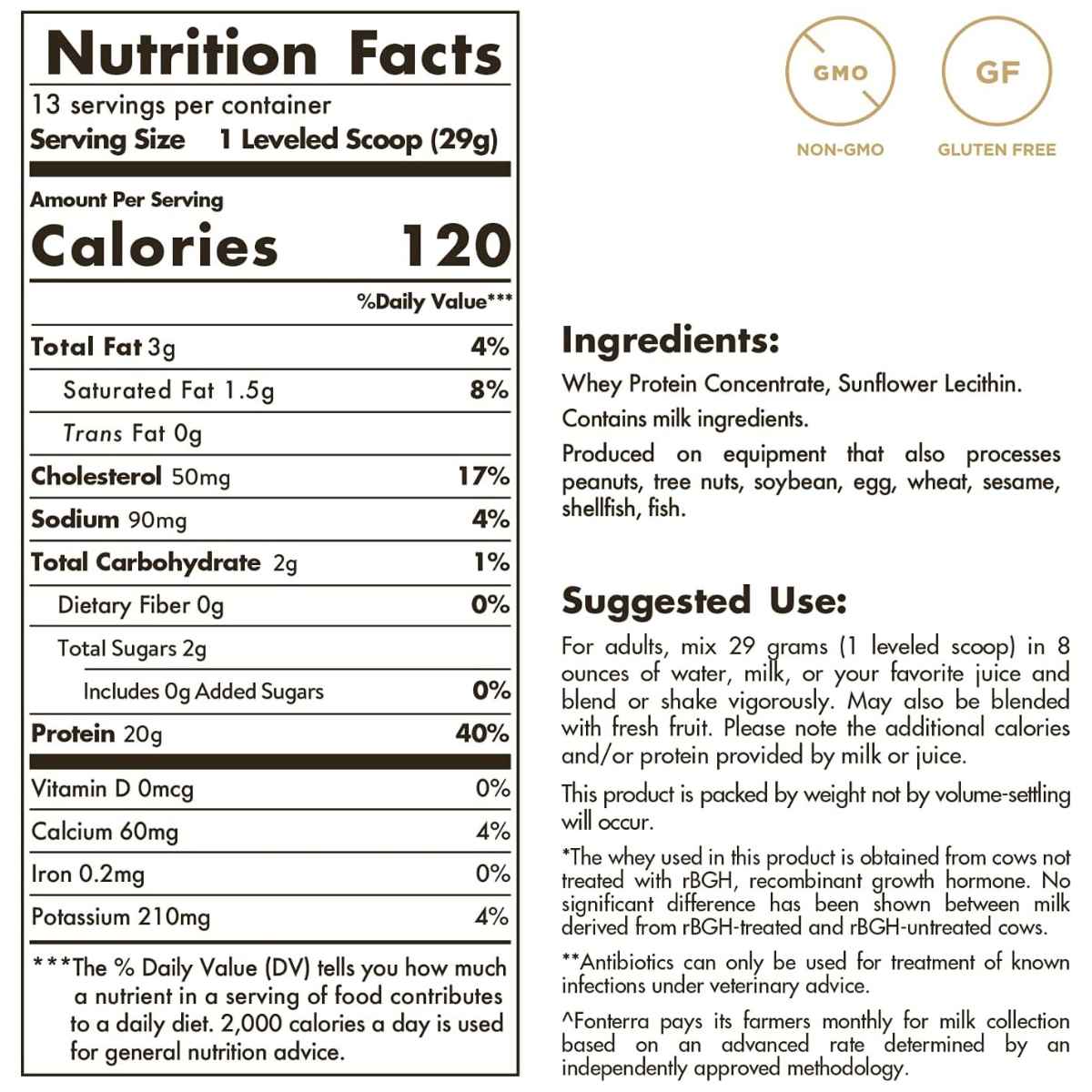 Solgar Proteína de Suero de Leche de Vacas Alimentados con Pasto 20 g - Sabor Sin Sabor - 377 g - Tabla Nutricional - Haz Tu Pedido