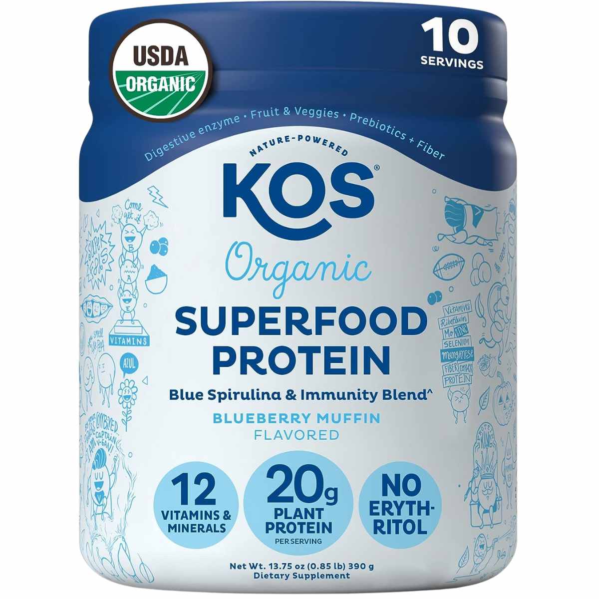 KOS Proteína de superalimento orgánico 20 g - Sabor Muffin de Arándanos - 390 g - Haz Tu Pedido